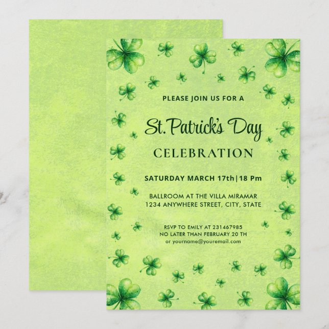 Invitation Trèfle aquarelle de la Saint-Patrick sur fond vert (Devant / Derrière)