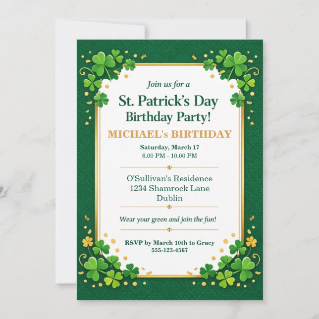 Invitation Trèfle Chanceux Vert Doré Shamrock Fête d'Annivers (Devant)