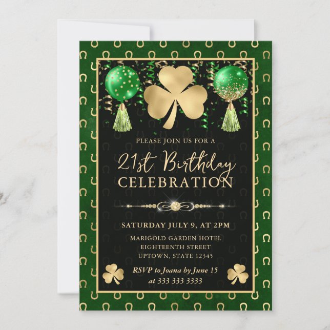 Invitation Trèfle élégant vert et or pour 21e anniversaire (Devant)