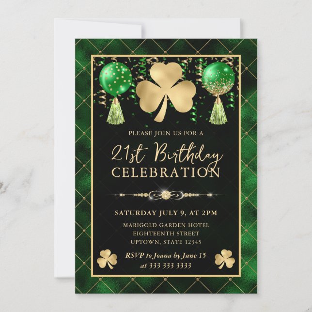 Invitation Trèfle élégant vert et or pour 21e anniversaire (Devant)