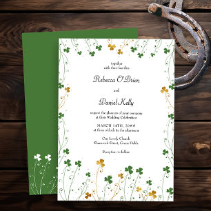 Invitation Trèfle Fleur Sauvage Vert Or Mariage Élégant