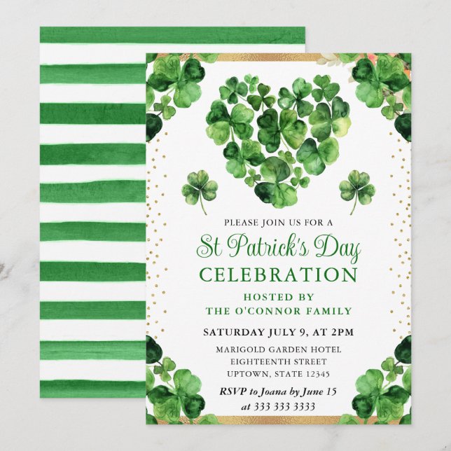 Invitation Trèfles à quatre feuilles aquarelle Saint Patrick (Devant / Derrière)