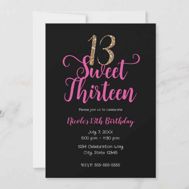 Invitation Treize ans Fête d'anniversaire Rose Noir Or (Devant)
