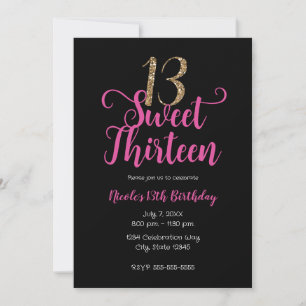Invitation Treize ans Fête d'anniversaire Rose Noir Or