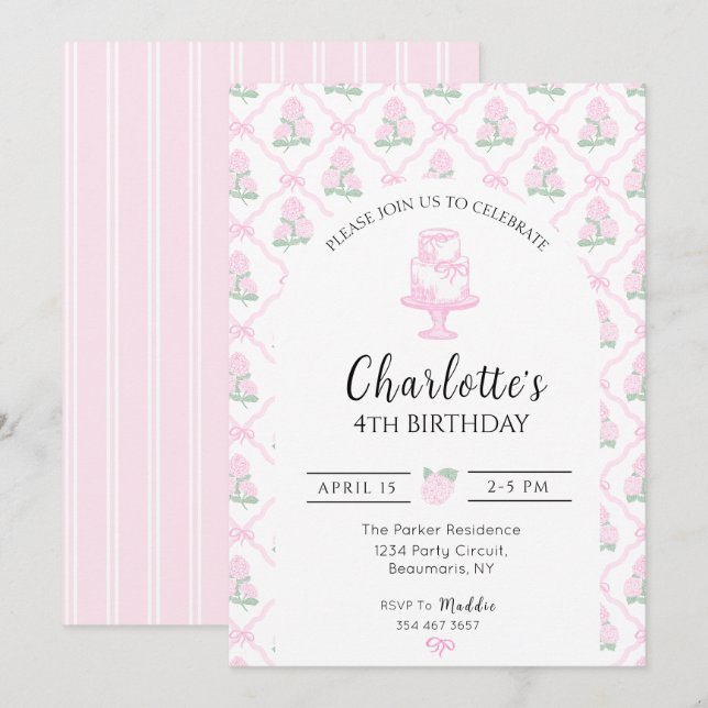 Invitation Trellillis d'hortensia rose et vert avec rubans (Devant / Derrière)