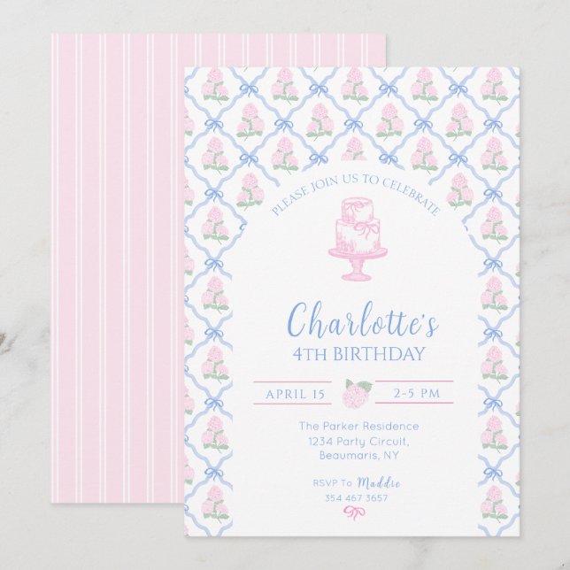 Invitation Trellis à Hydrangea Rose Vert et Ruban Bleu (Devant / Derrière)