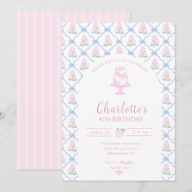 Invitation Trellis à ruban bleu avec hortensia vert rose (Devant / Derrière)