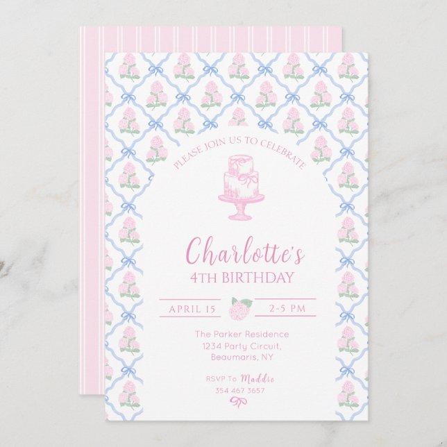 Invitation Trellis à Ruban Bleu Hydrangea Rose Vert (Devant / Derrière)