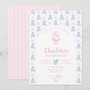 Invitation Trellis de Hortensia Verte Bleue avec Ruban Rose