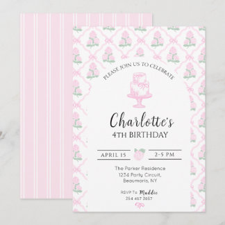 Invitation Trellis d'hortensia rose et vert avec rubans