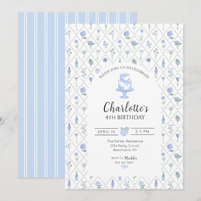 Invitation Trellis Floral Élégant Bleu et Vert (Devant / Derrière)