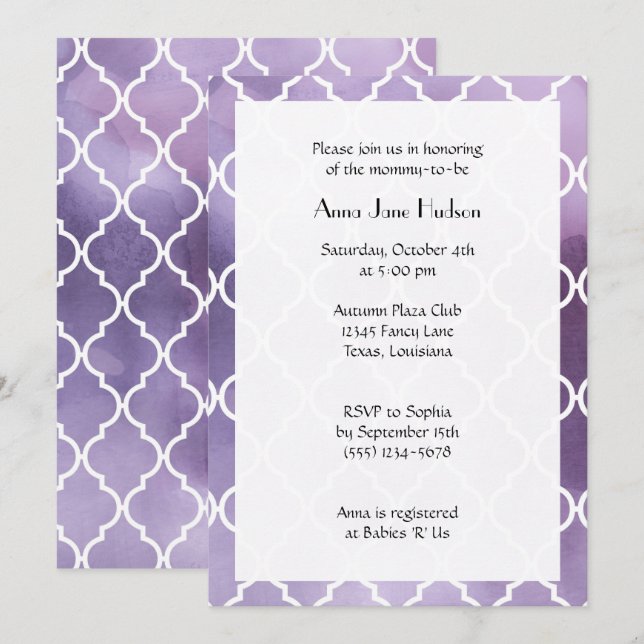 Invitation Trellis pourpre, Trellis marocain, Baby shower (Devant / Derrière)