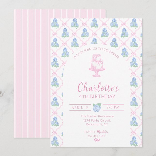 Invitation Trelllis de Hortensia Bleu Vert Ruban Rose (Devant / Derrière)