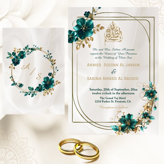 Invitation Trending Green Gold Floral Frontière Mariage islam (Créateur téléchargé)