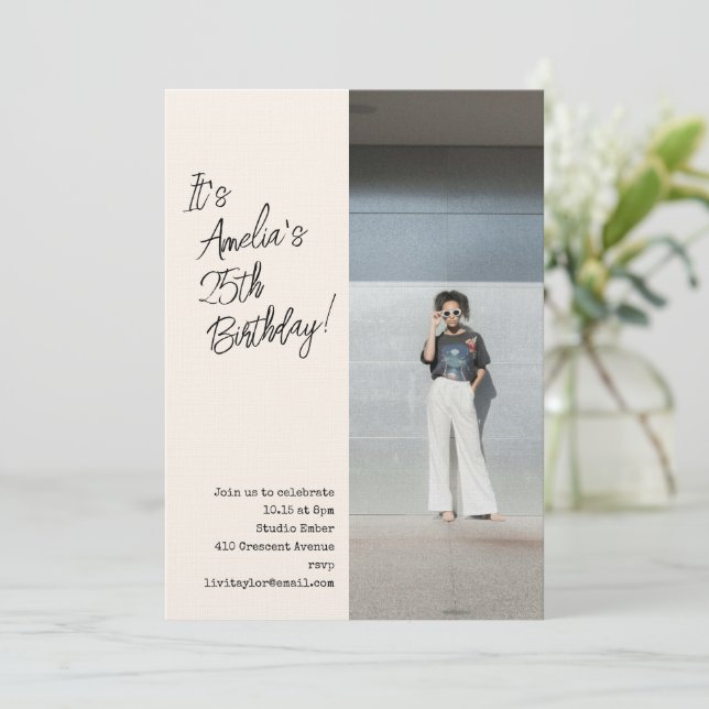 Invitation Trendy Aesthetic Photo 25th Adult Birthday Party  (Debout devant)