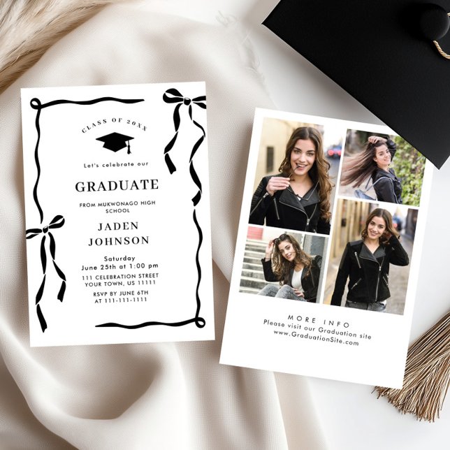 Invitation Trendy Black Bow Ribbon 4 PHOTO Graduation Party (Créateur téléchargé)