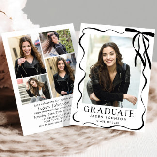 Invitation Trendy Black Bow Ribbon 5 PHOTO Graduation Party
