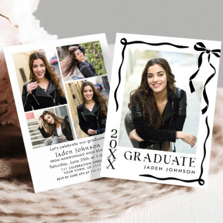 Invitation Trendy Black Bow Ribbon 5 PHOTO Graduation Party