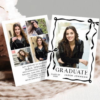 Invitation Trendy Black Bow Ribbon 5 PHOTO Graduation Party