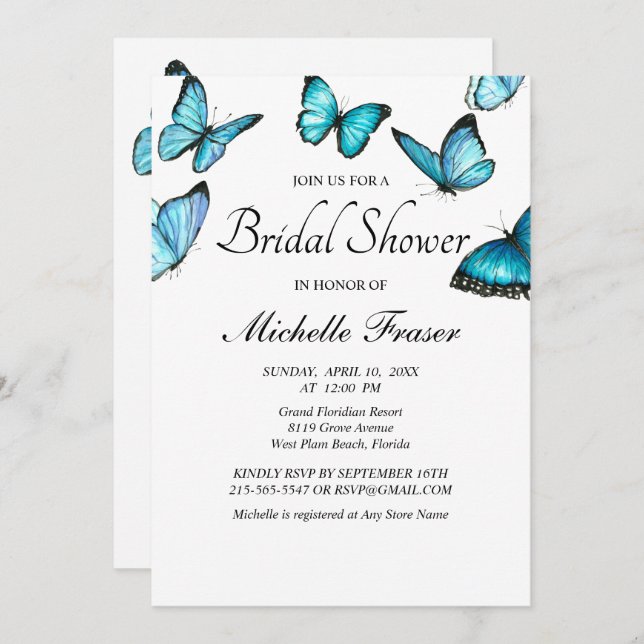 Invitation Trendy bleu aquarelle papillons nuptiale Douche (Devant / Derrière)