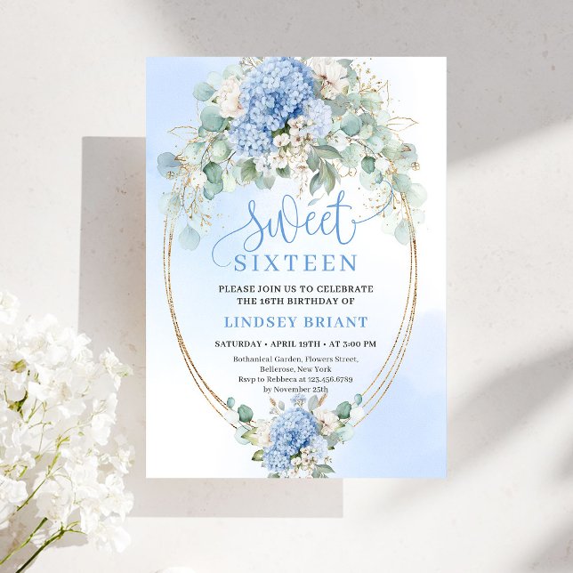 Invitation Trendy Blue Hydrangea Gold Sweet Sixteen Party  (Trendy Blue Hydrangea Gold Sweet Sixteen Party Invite)