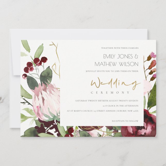 INVITATION TRENDY BLUSH ROSE BURGUNDY PROTEA MARIAGE FLORAL (Devant)