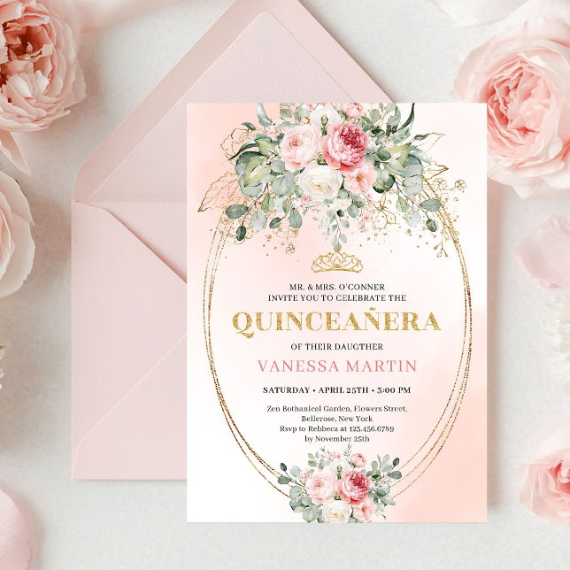 Invitation Trendy Bohemian Blush Floral Quinceañera Invitatio (Trendy Bohemian Blush Floral Quinceañera Invitation)