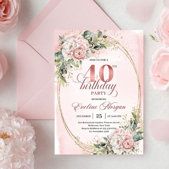 Invitation Trendy Bohemian Rose Gold Flowers 40th Birthday  (Trendy Bohemian Rose Gold Flowers 40th Birthday Invitation)