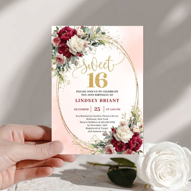 Invitation Trendy Boho Deep Red Gold Floral Sweet Sixteen  (Trendy Boho Deep Red Gold Floral Sweet Sixteen Invite)