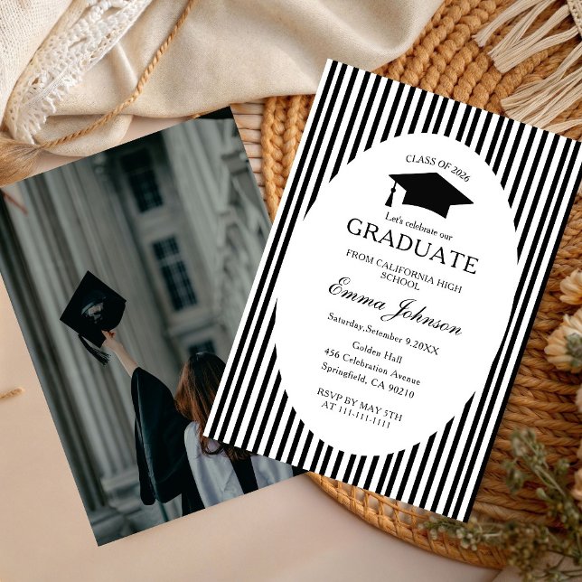 Invitation Trendy Chic Bow Minimalist Stripe  Graduation (Créateur téléchargé)