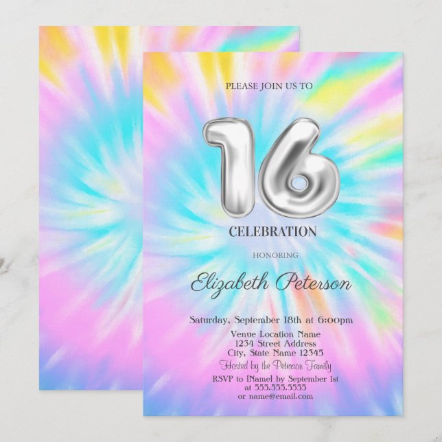 Invitation Trendy Cool Tie Dye Sweet 16  (Devant / Derrière)