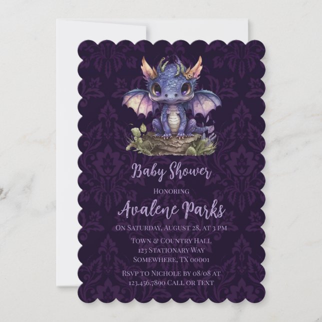 Invitation Trendy Damask Purple Dragon Girl Baby shower garço (Devant)