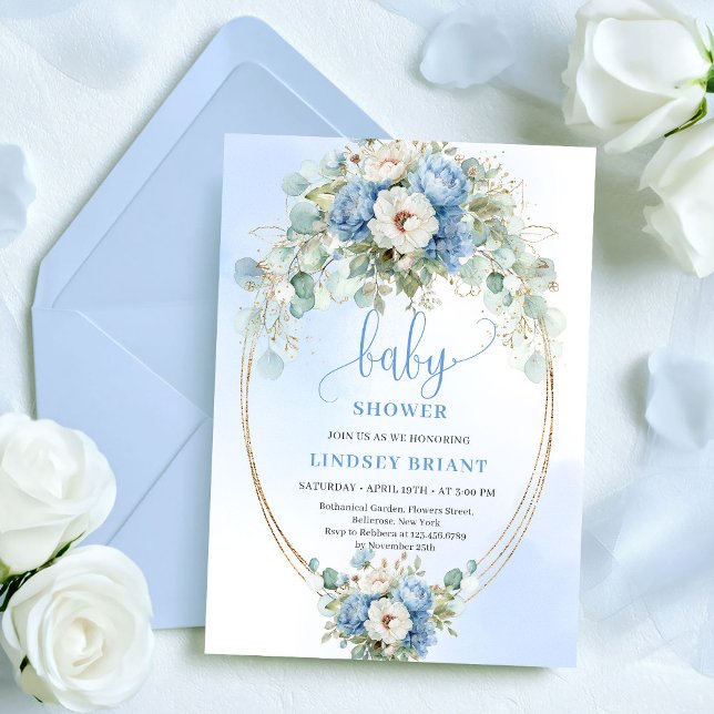 Invitation Trendy Dusty Blue Flowers Gold Baby Shower Card (Trendy Dusty Blue Flowers Gold Baby Shower Card

)