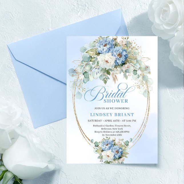 Invitation Trendy Dusty Blue Flowers Gold Bridal Shower Card (Trendy Dusty Blue Flowers Gold Bridal Shower Card

)
