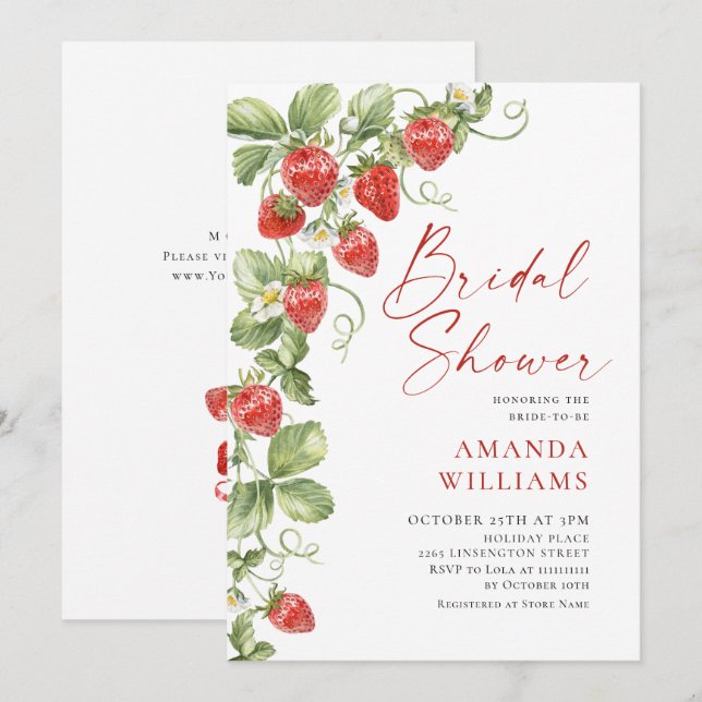 Invitation Trendy Fleurs Aquarelle Fête de Mariage des Fraise (Devant / Derrière)