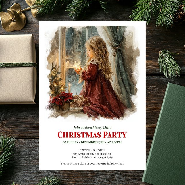Invitation Trendy girl awaits Santa digital Christmas invite (Trendy girl awaits Santa digital Christmas invitation)