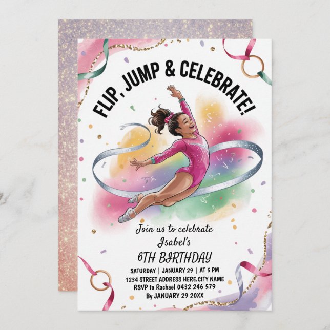 Invitation Trendy Girls Gymnast Gymnastics Birthday Party     (Devant / Derrière)