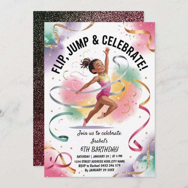 Invitation Trendy Girls Gymnast Gymnastics Birthday Party     (Devant / Derrière)