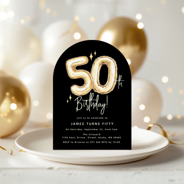 Invitation Trendy Gold Fifty Balloons 50th Birthday Party (Créateur téléchargé)