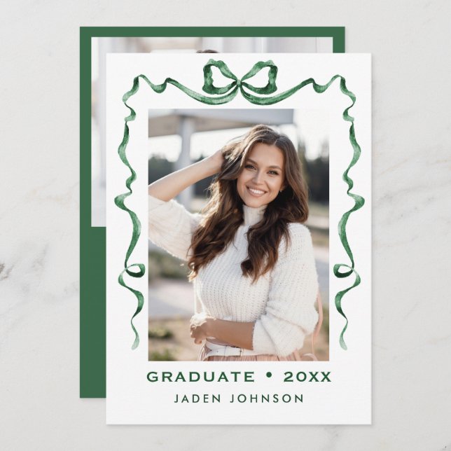 Invitation Trendy Green Bow Ribbon 2 PHOTO Graduation Party (Devant / Derrière)