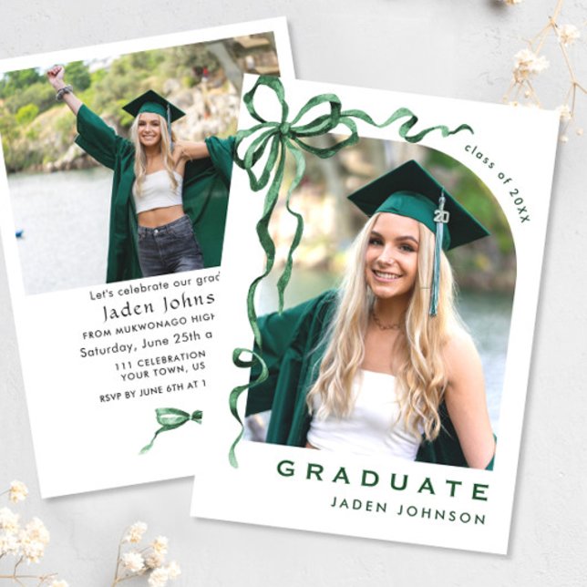 Invitation Trendy Green Bow Ribbon 2 PHOTO Graduation Party (Créateur téléchargé)