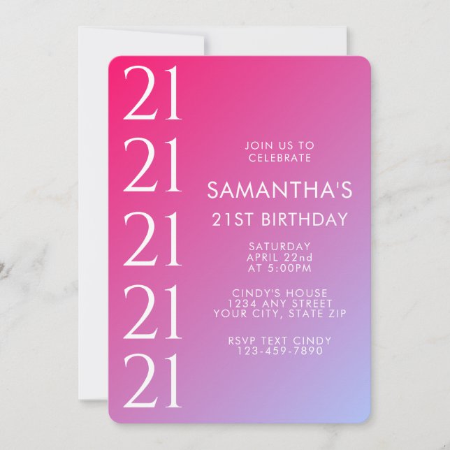 Invitation Trendy Modern Bold Pink Gradient 21st Birthday (Devant)