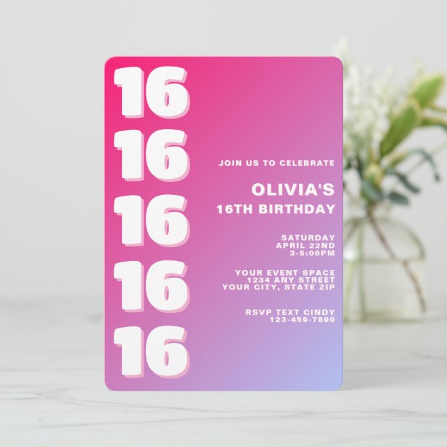 Invitation Trendy Modern Pink Gradient 16th Birthday (Debout devant)