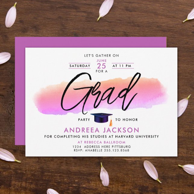 Invitation Trendy Pink Purple Grad Cap Bold Script Watercolor (Créateur téléchargé)