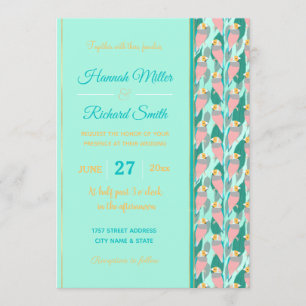 Invitation Trendy Pink Rainbow Finch Bird & Green Foliage
