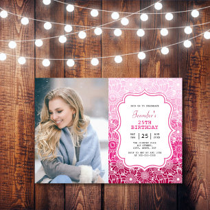 Invitation Trendy Pink Stripes Floral Frame Photo Anniversair