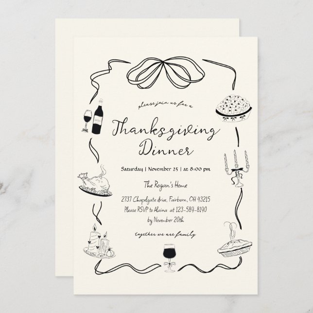 Invitation Trendy Quirky Hand Drake Scribble Thanksgiving (Devant / Derrière)