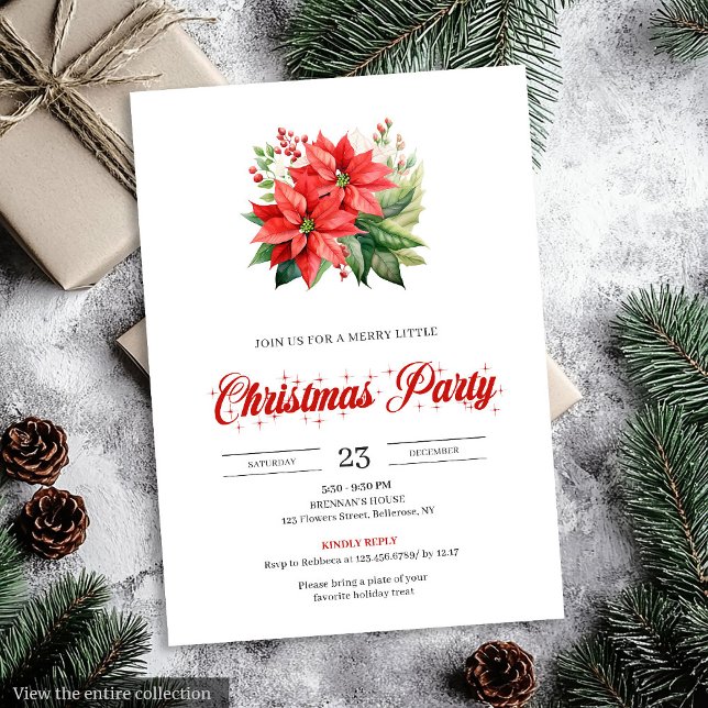 Invitation Trendy Red Poinsettia Holiday Party Christmas   (Trendy Red Poinsettia Holiday Party Christmas Invitation)