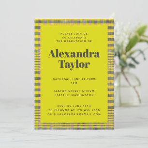 Invitation Trendy Retro Jaune Plaid Motif Graduation