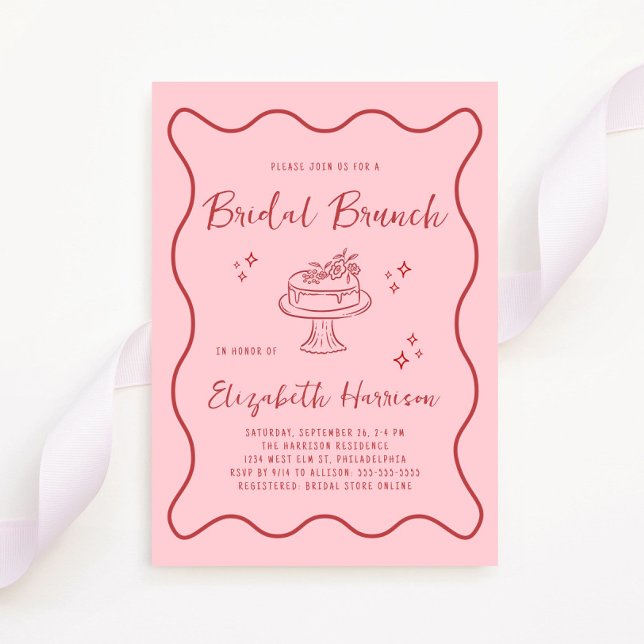 Invitation Trendy rose rouge Vavy Frame Bridal Brunch Douche (Whimsical pink + red bridal brunch shower invitation to set the tone for an unforgettable event)